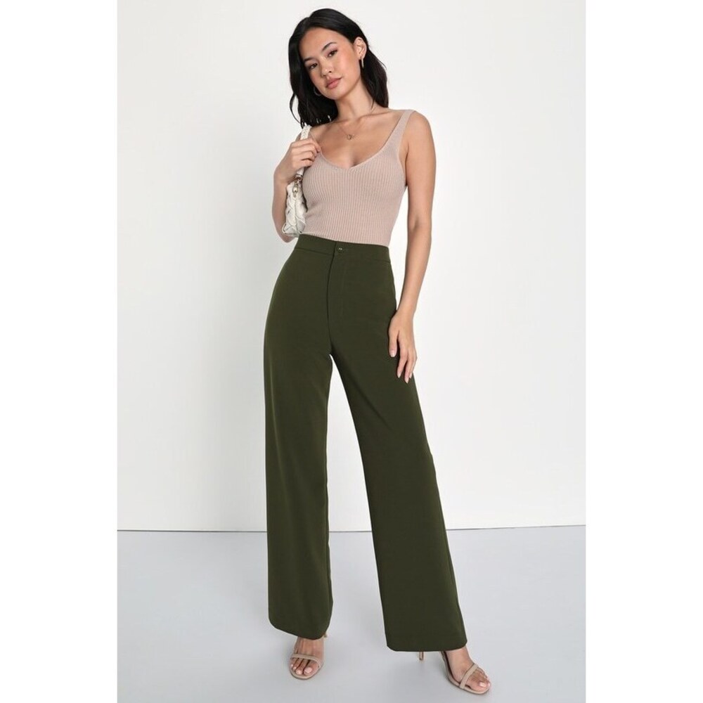 Lulus A Power Mood Olive Green High-waisted Wide Leg Trouser Pants - Size S